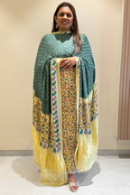 Bandhej With Kalamkari Print - 3 pc Unstiched Suit Set - dark sage & cream