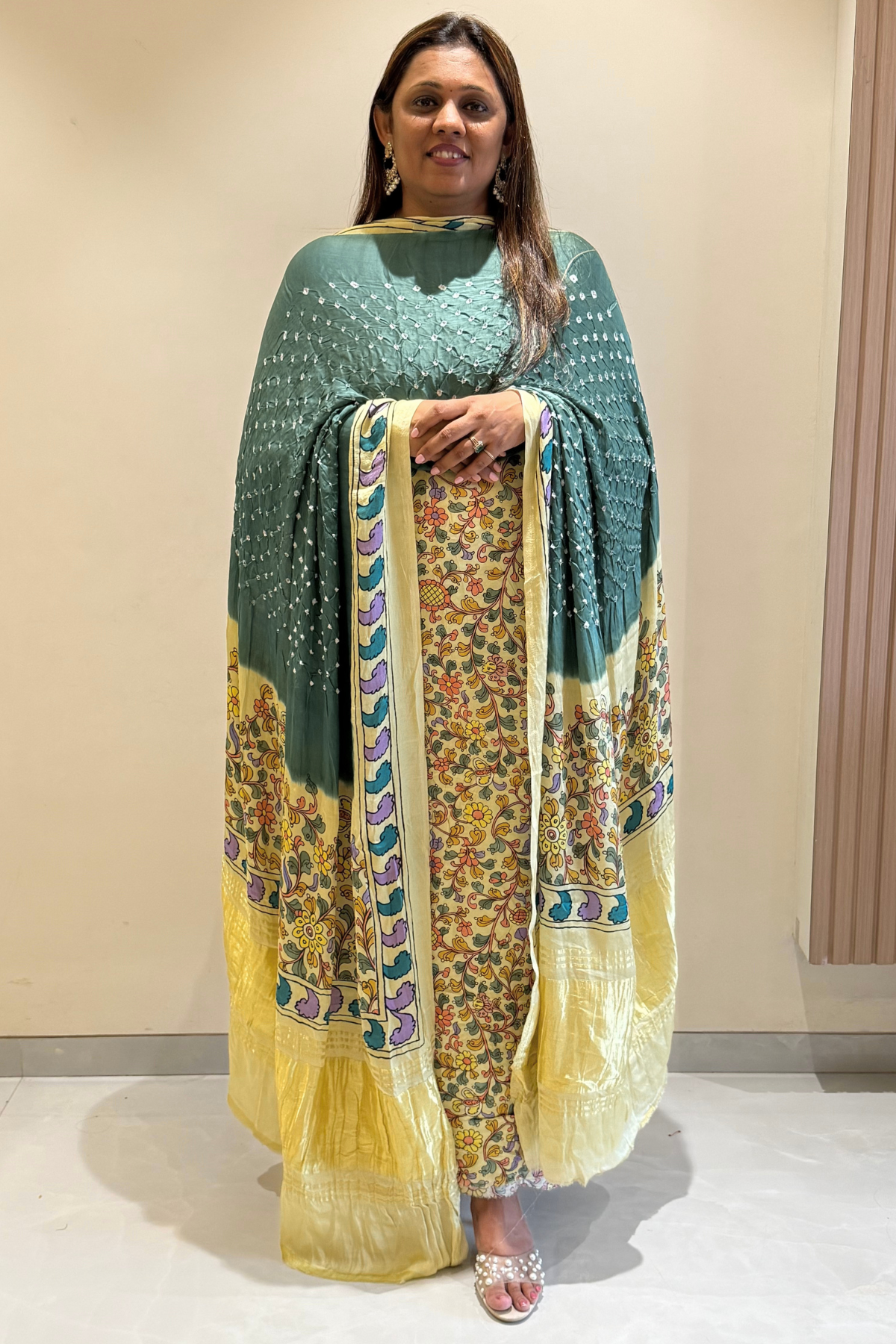 Bandhej With Kalamkari Print - 3 pc Unstiched Suit Set - dark sage & cream