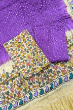 Bandhej With Kalamkari Print - 3 pc Unstiched Suit Set - Pastel purple & Cream