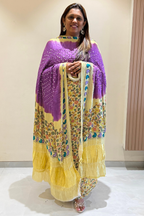 Bandhej With Kalamkari Print - 3 pc Unstiched Suit Set - Pastel purple & Cream