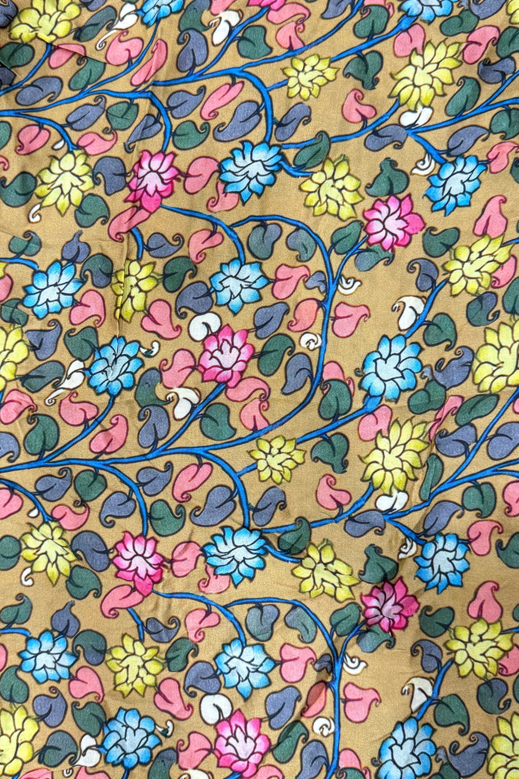 Bandhej With Kalamkari Print - 3 pc Unstiched Suit Set - Pink & Mustard Yellow