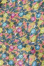 Bandhej With Kalamkari Print - 3 pc Unstiched Suit Set - Pink & Mustard Yellow