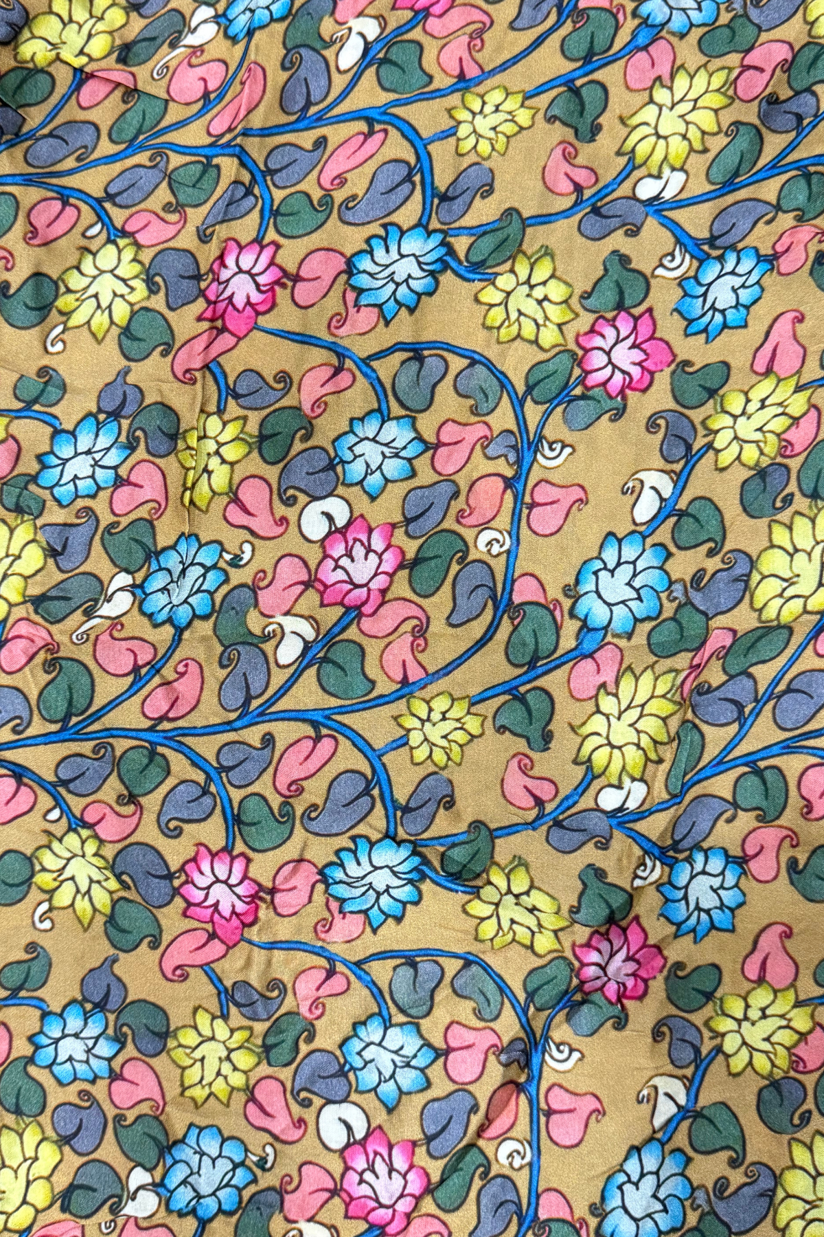 Bandhej With Kalamkari Print - 3 pc Unstiched Suit Set - Pink & Mustard Yellow