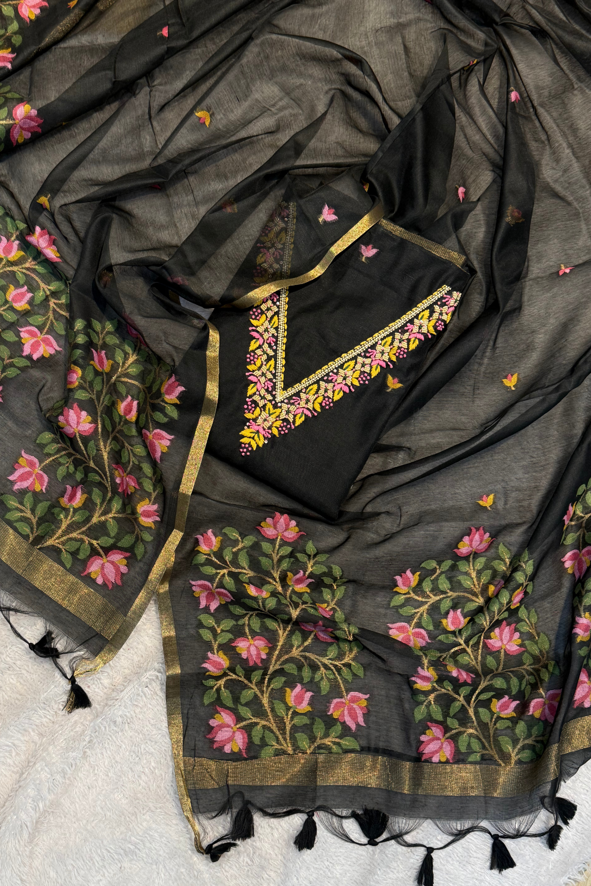 Chanderi Jamdani 3 Piece Suit Set - Black