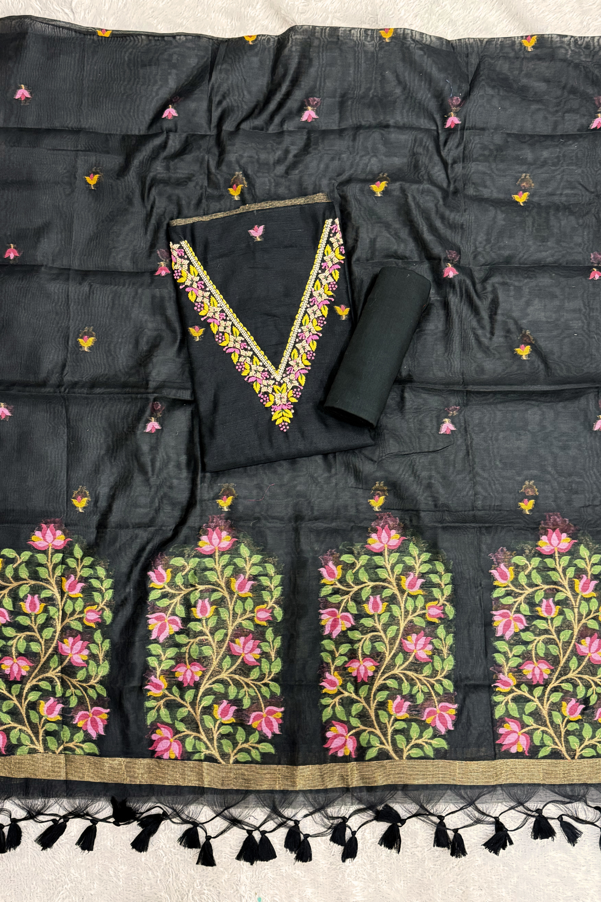 Chanderi Jamdani 3 Piece Suit Set - Black