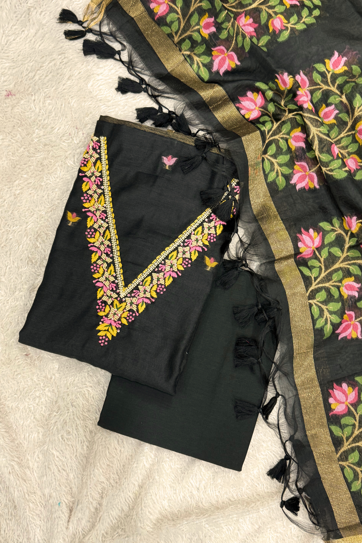 Chanderi Jamdani 3 Piece Suit Set - Black