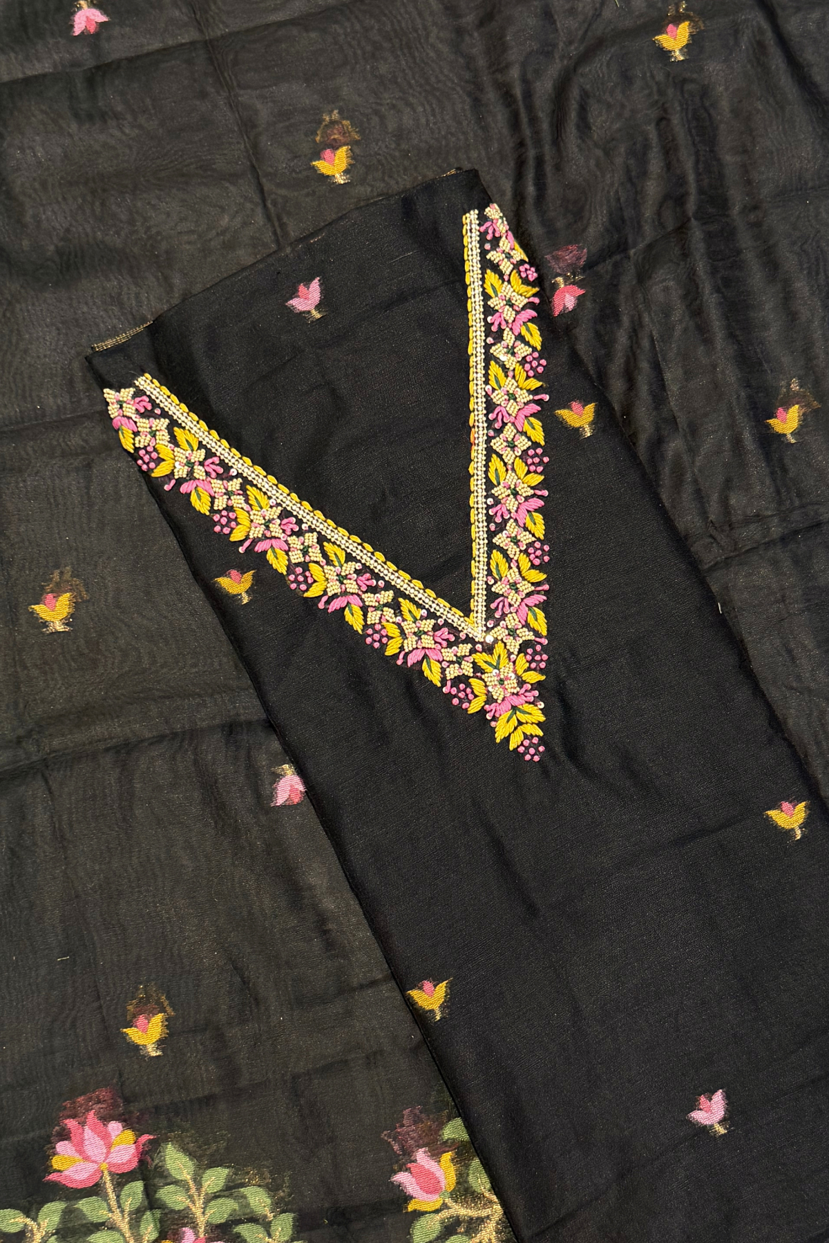 Chanderi Jamdani 3 Piece Suit Set - Black