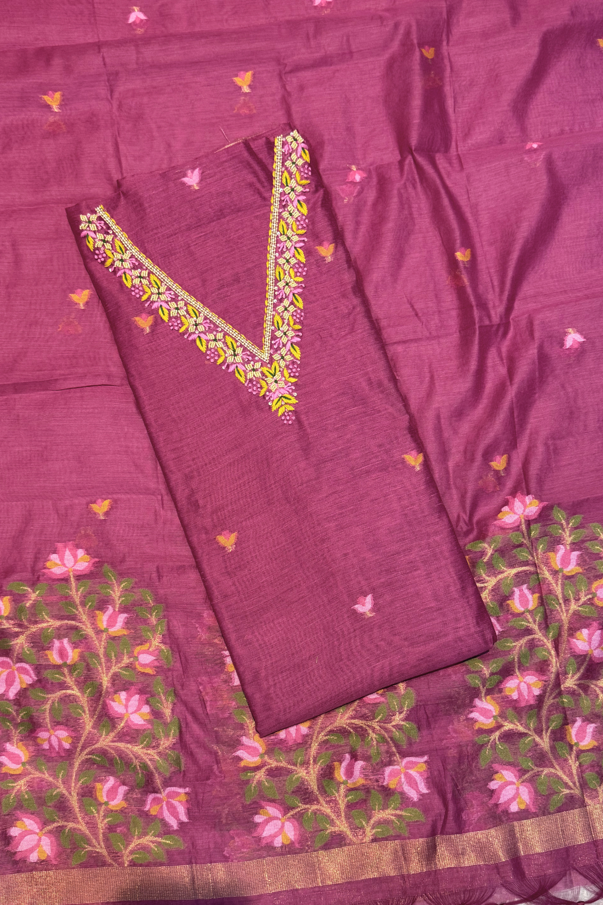 Chanderi Jamdani 3 Piece Suit Set - Magenda