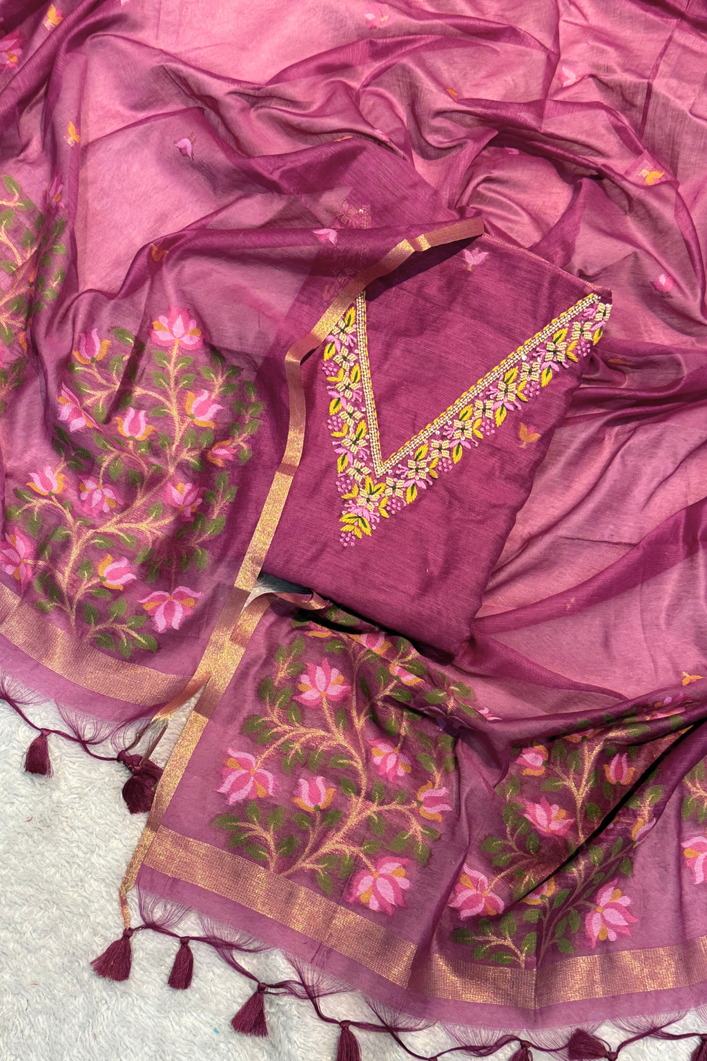 Chanderi Jamdani 3 Piece Suit Set - Magenda