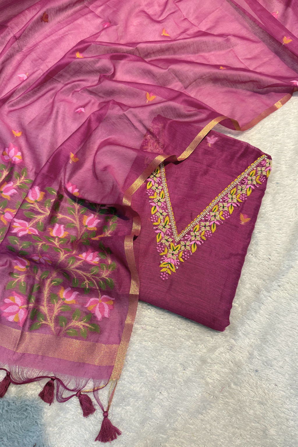 Chanderi Jamdani 3 Piece Suit Set - Magenda