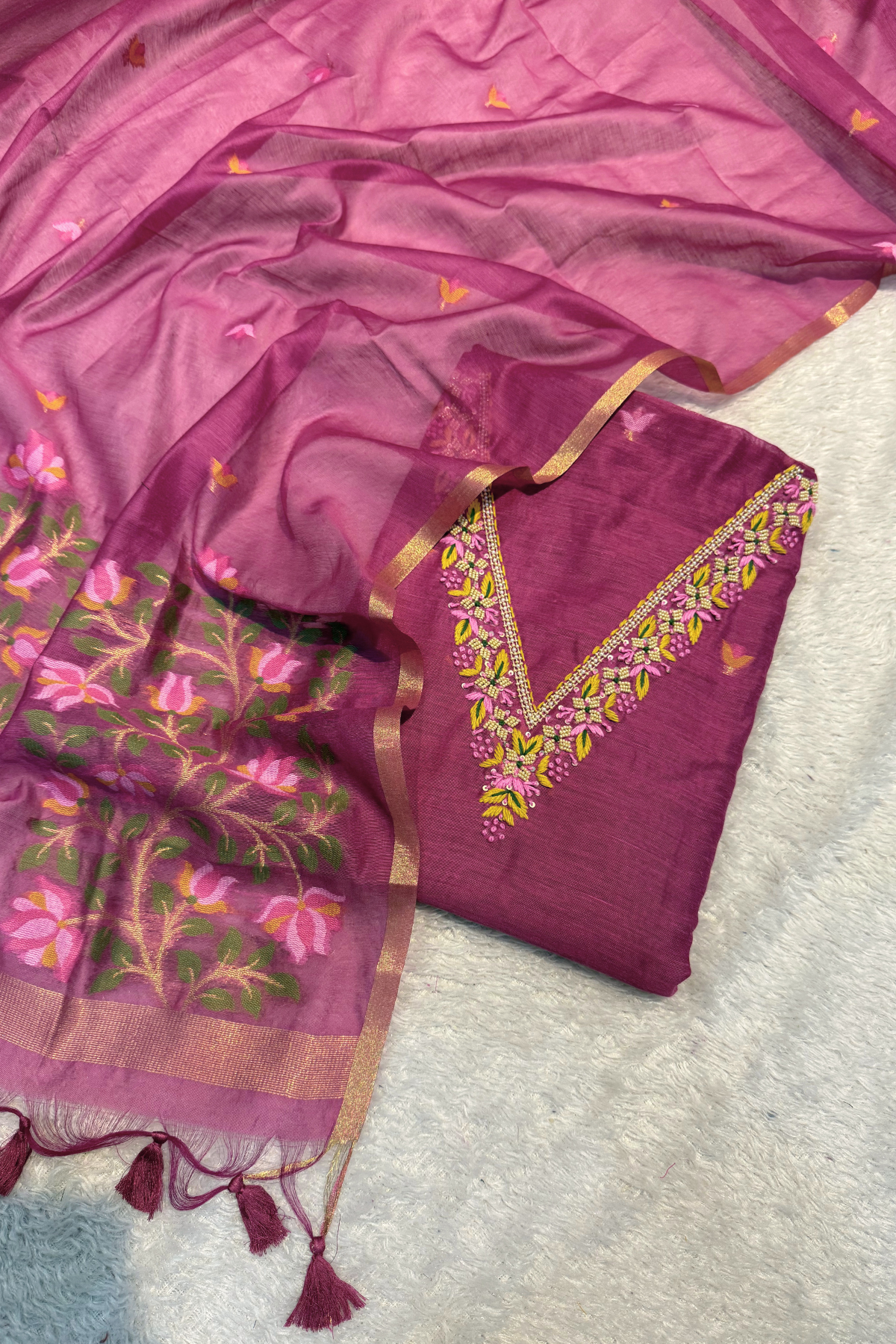 Chanderi Jamdani 3 Piece Suit Set - Magenda