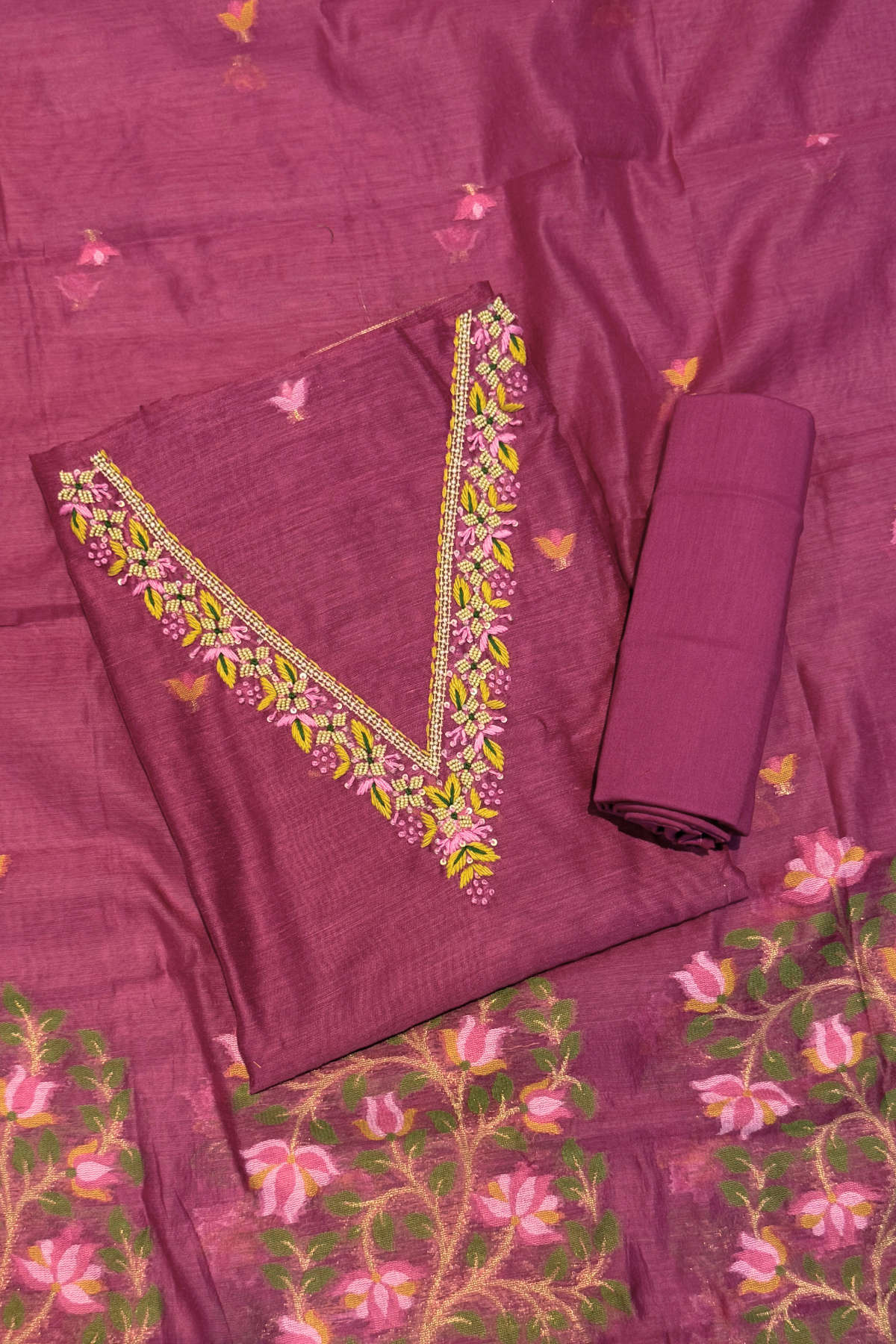 Chanderi Jamdani 3 Piece Suit Set - Magenda