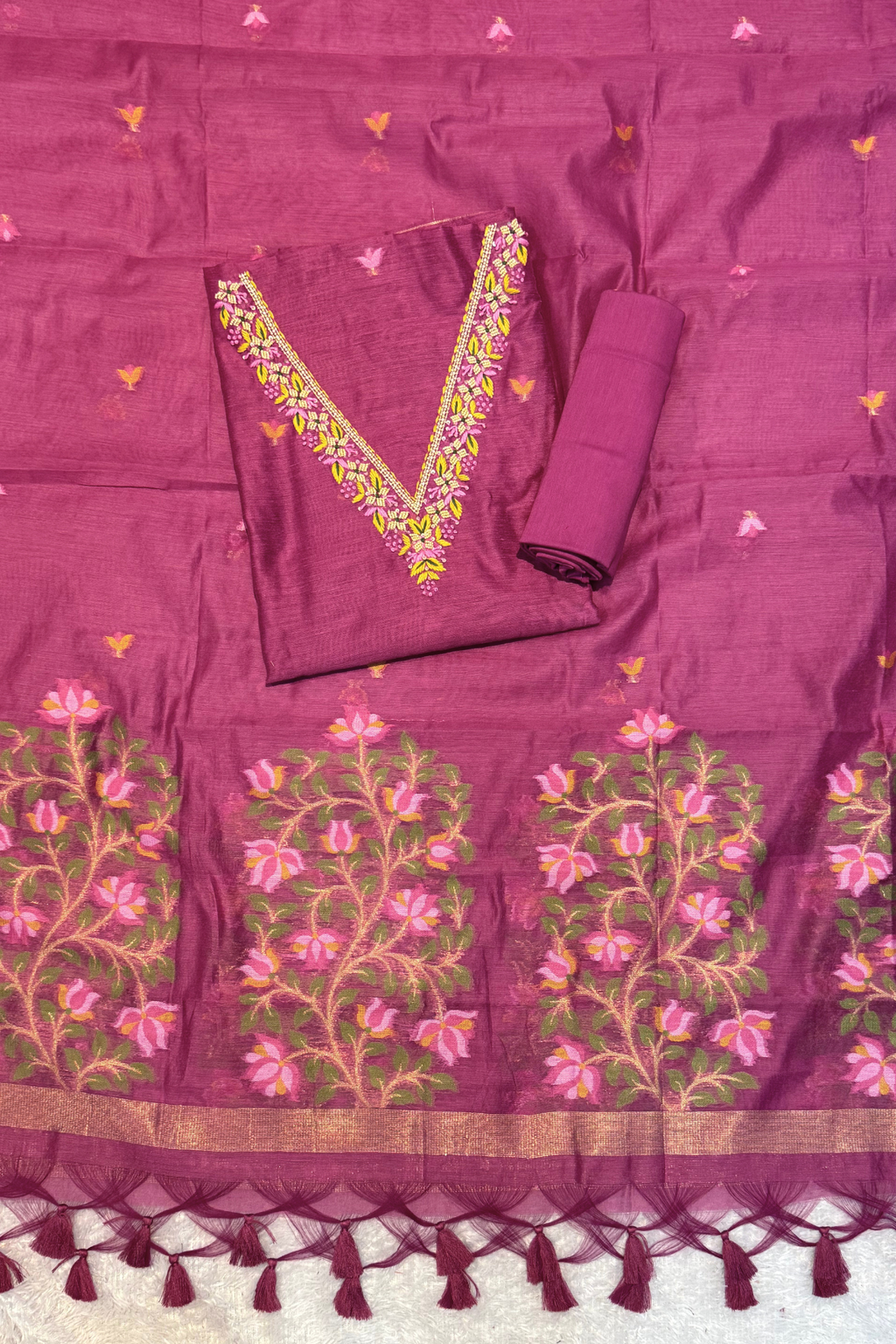 Chanderi Jamdani 3 Piece Suit Set - Magenda