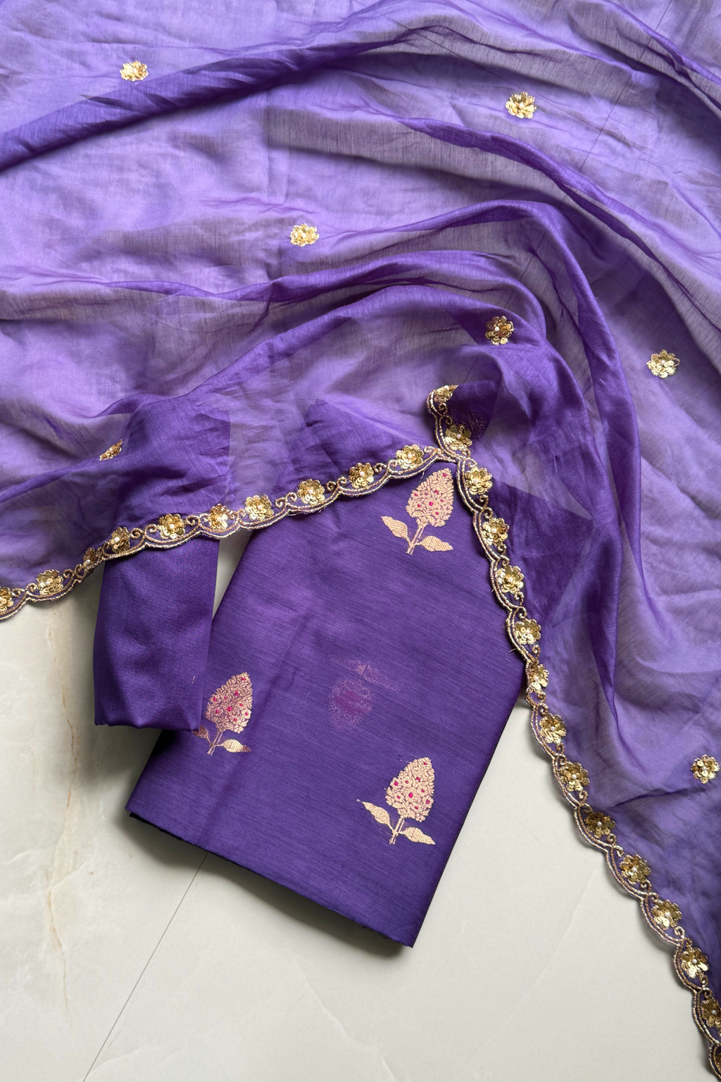Pure Mul Chanderi Kadwa Weaving With Handwork  - Purple
