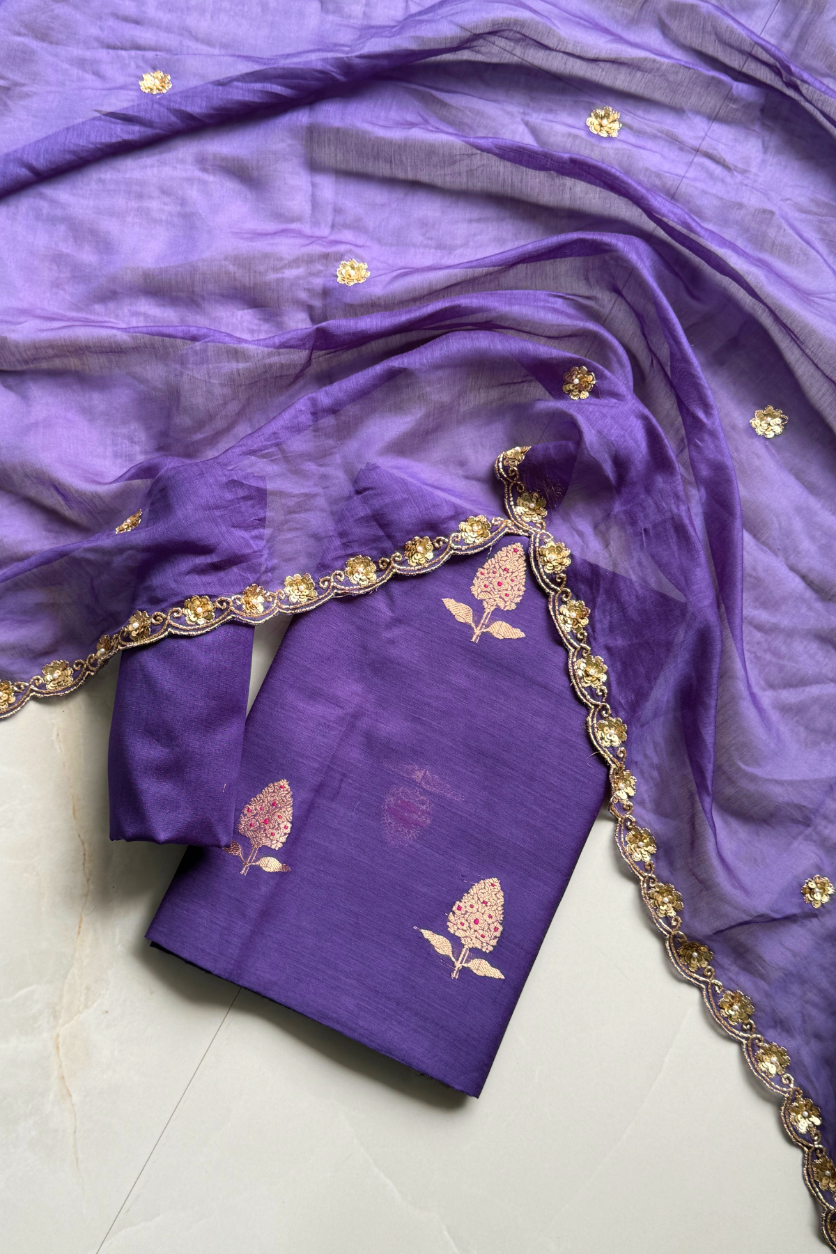 Pure Mul Chanderi Kadwa Weaving With Handwork  - Purple