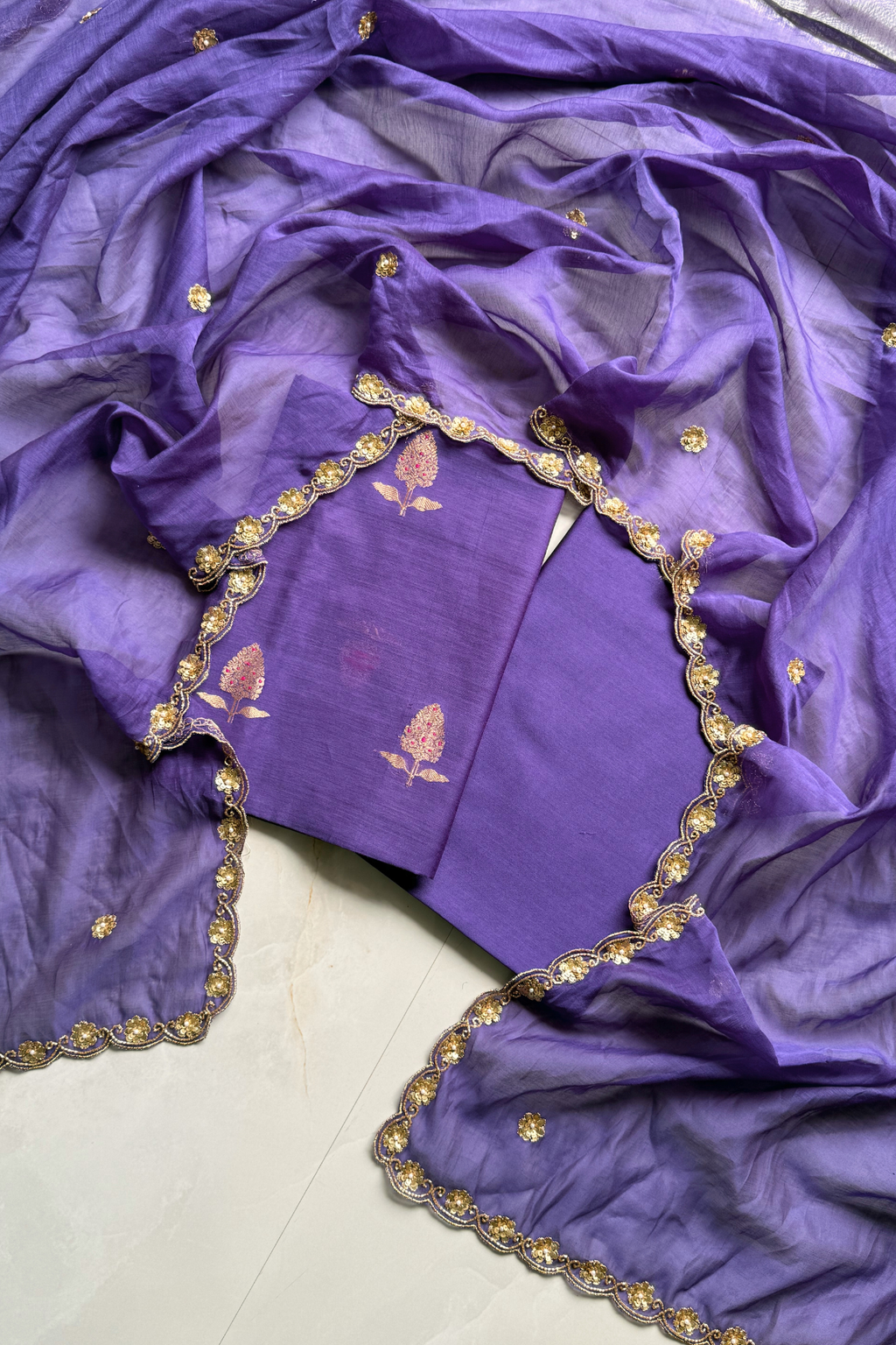 Pure Mul Chanderi Kadwa Weaving With Handwork  - Purple