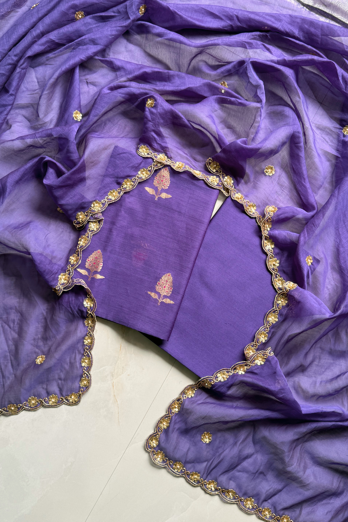 Pure Mul Chanderi Kadwa Weaving With Handwork  - Purple