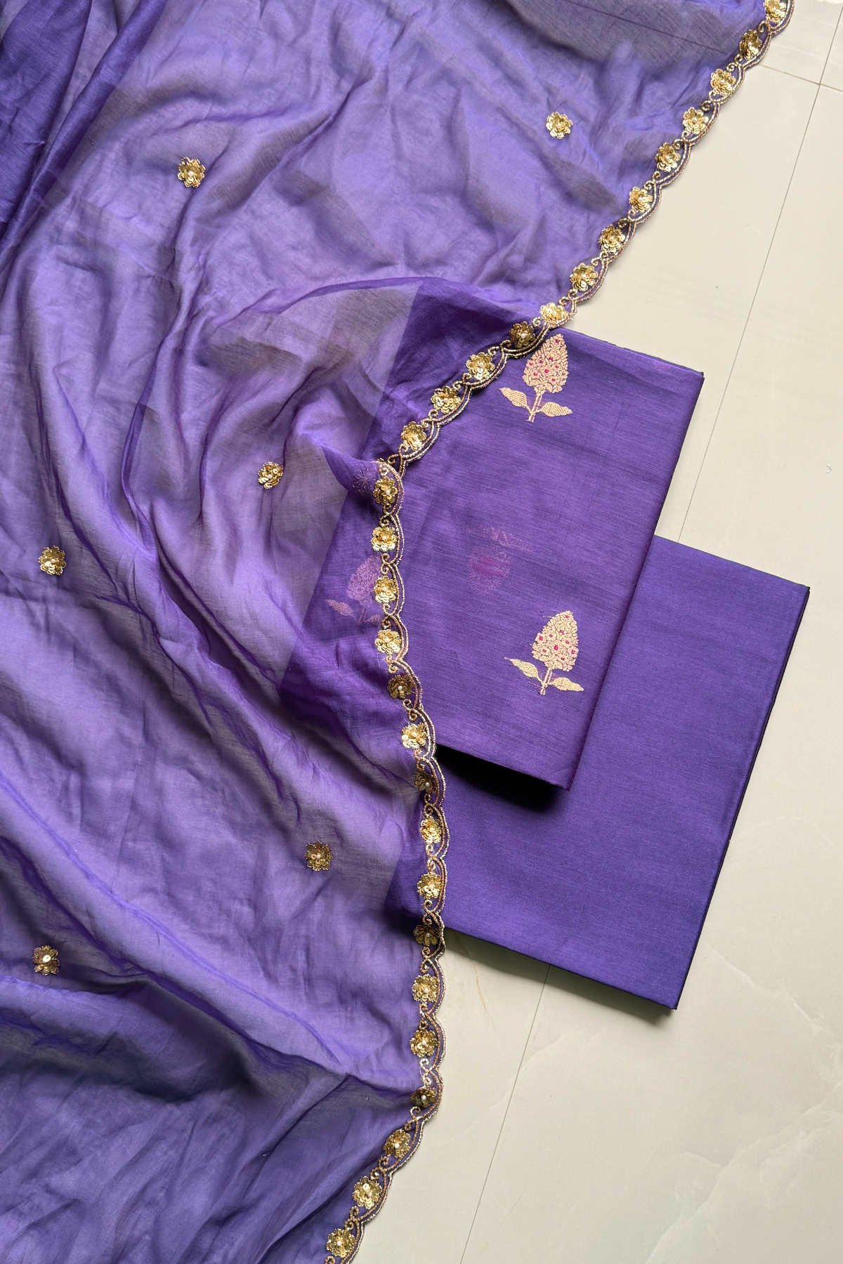 Pure Mul Chanderi Kadwa Weaving With Handwork  - Purple