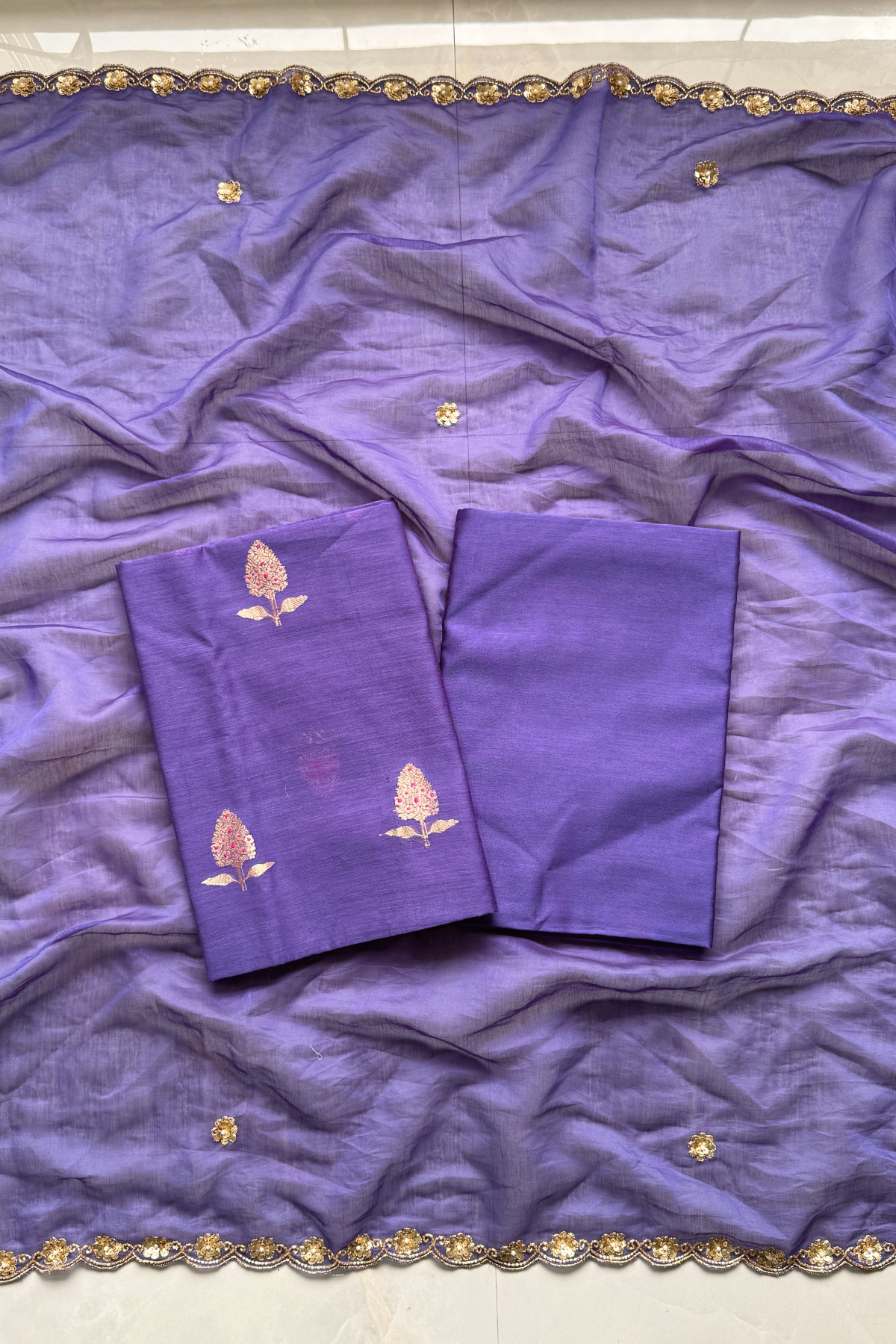 Pure Mul Chanderi Kadwa Weaving With Handwork  - Purple