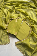 Pure Mul Chanderi Kadwa Weaving With Handwork  - Olive Green