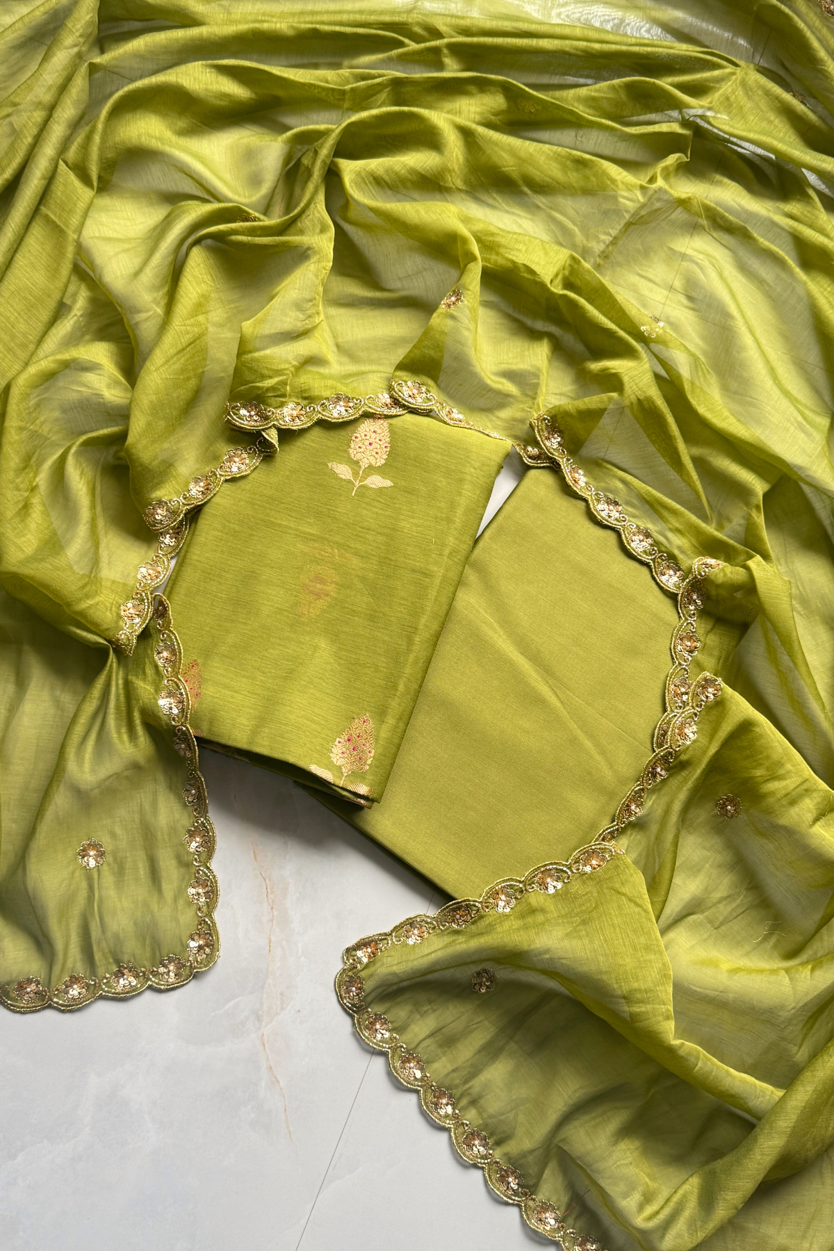 Pure Mul Chanderi Kadwa Weaving With Handwork  - Olive Green