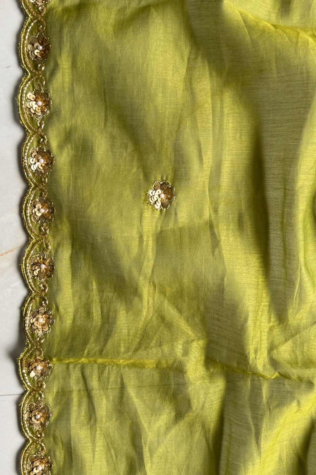 Pure Mul Chanderi Kadwa Weaving With Handwork  - Olive Green