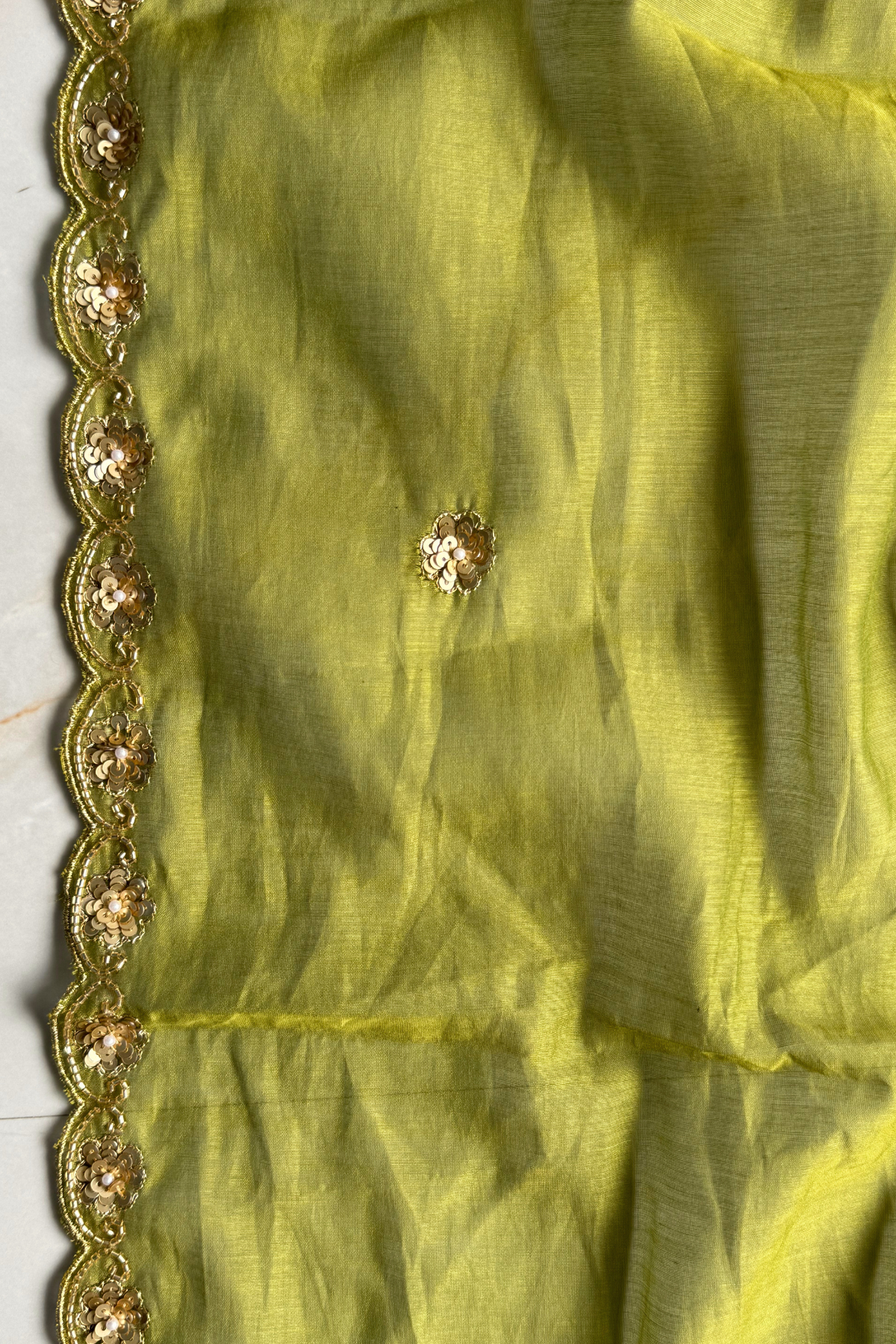 Pure Mul Chanderi Kadwa Weaving With Handwork  - Olive Green