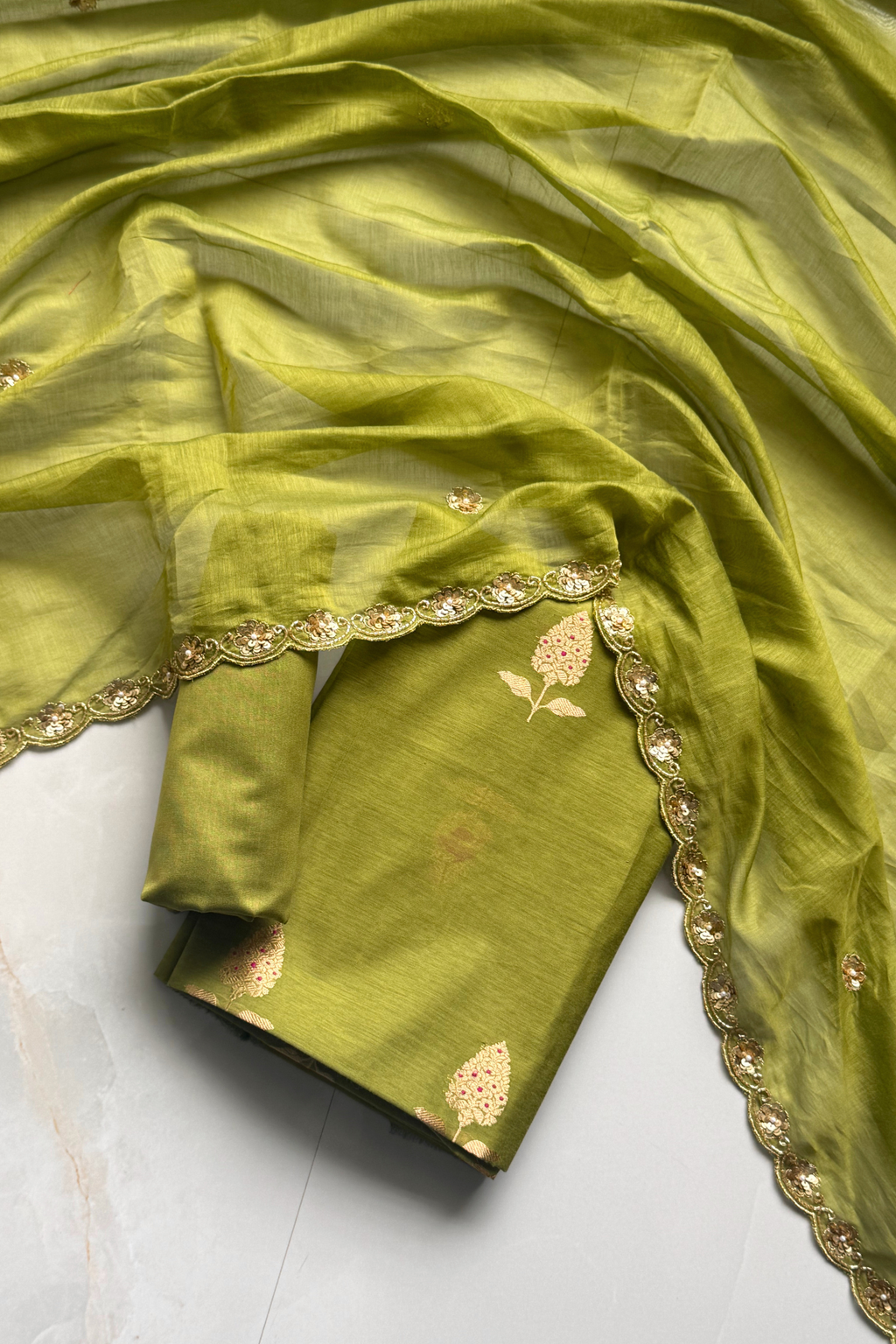 Pure Mul Chanderi Kadwa Weaving With Handwork  - Olive Green