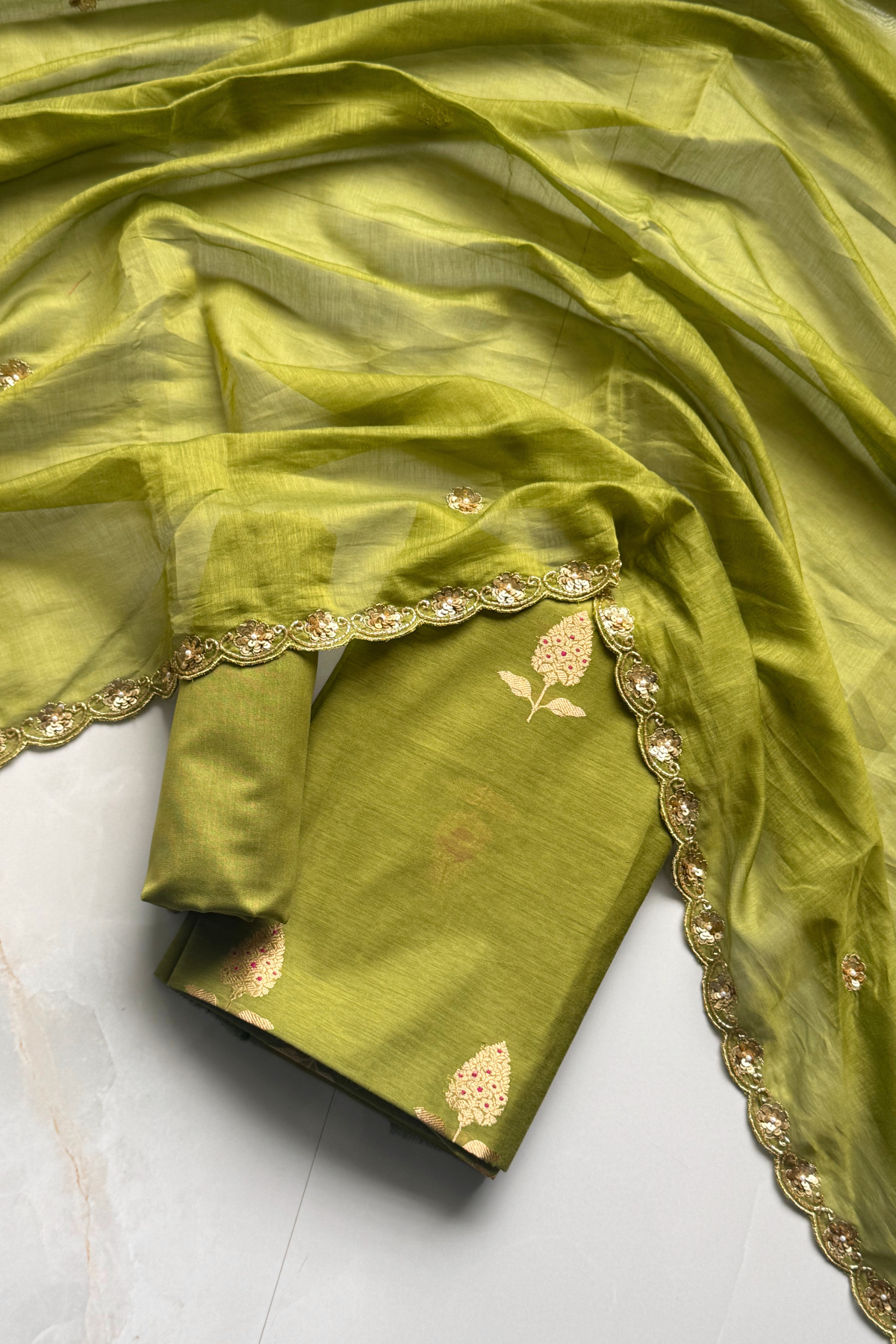 Pure Mul Chanderi Kadwa Weaving With Handwork  - Olive Green