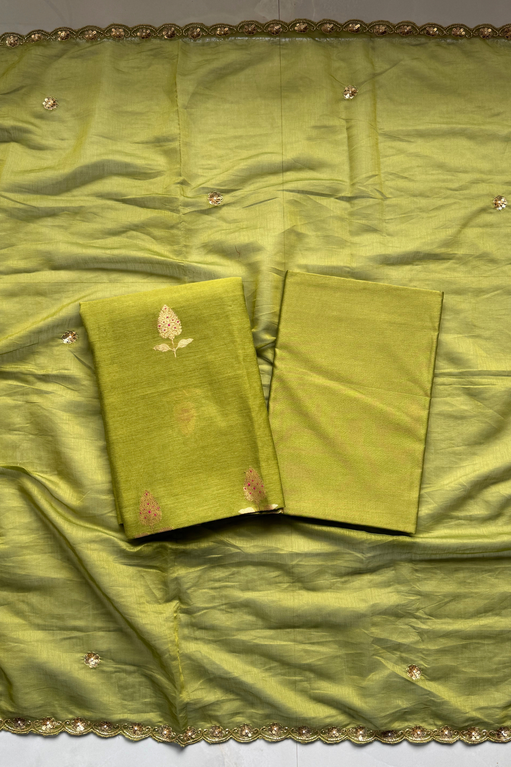 Pure Mul Chanderi Kadwa Weaving With Handwork  - Olive Green