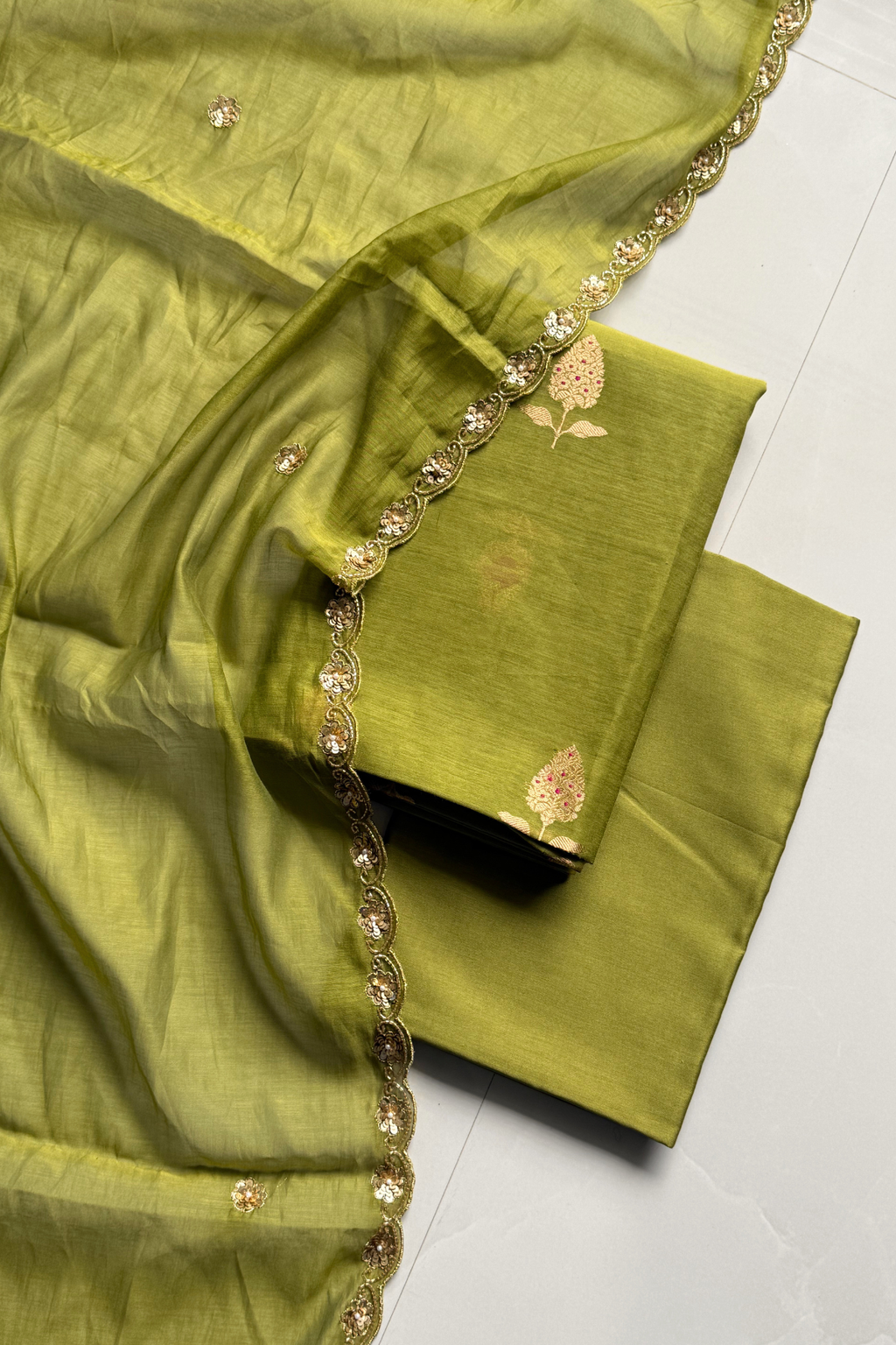 Pure Mul Chanderi Kadwa Weaving With Handwork  - Olive Green