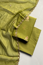 Pure Mul Chanderi Kadwa Weaving With Handwork  - Olive Green