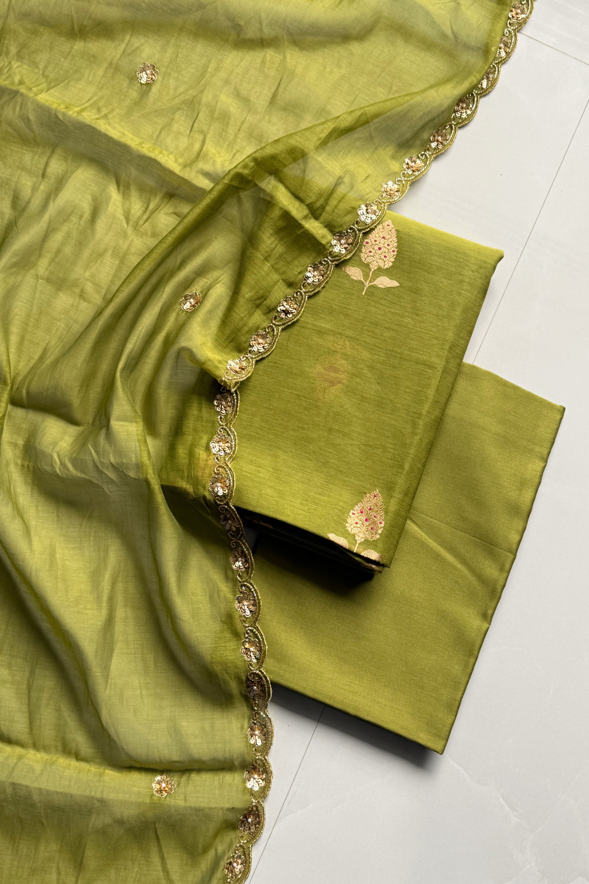 Pure Mul Chanderi Kadwa Weaving With Handwork  - Olive Green
