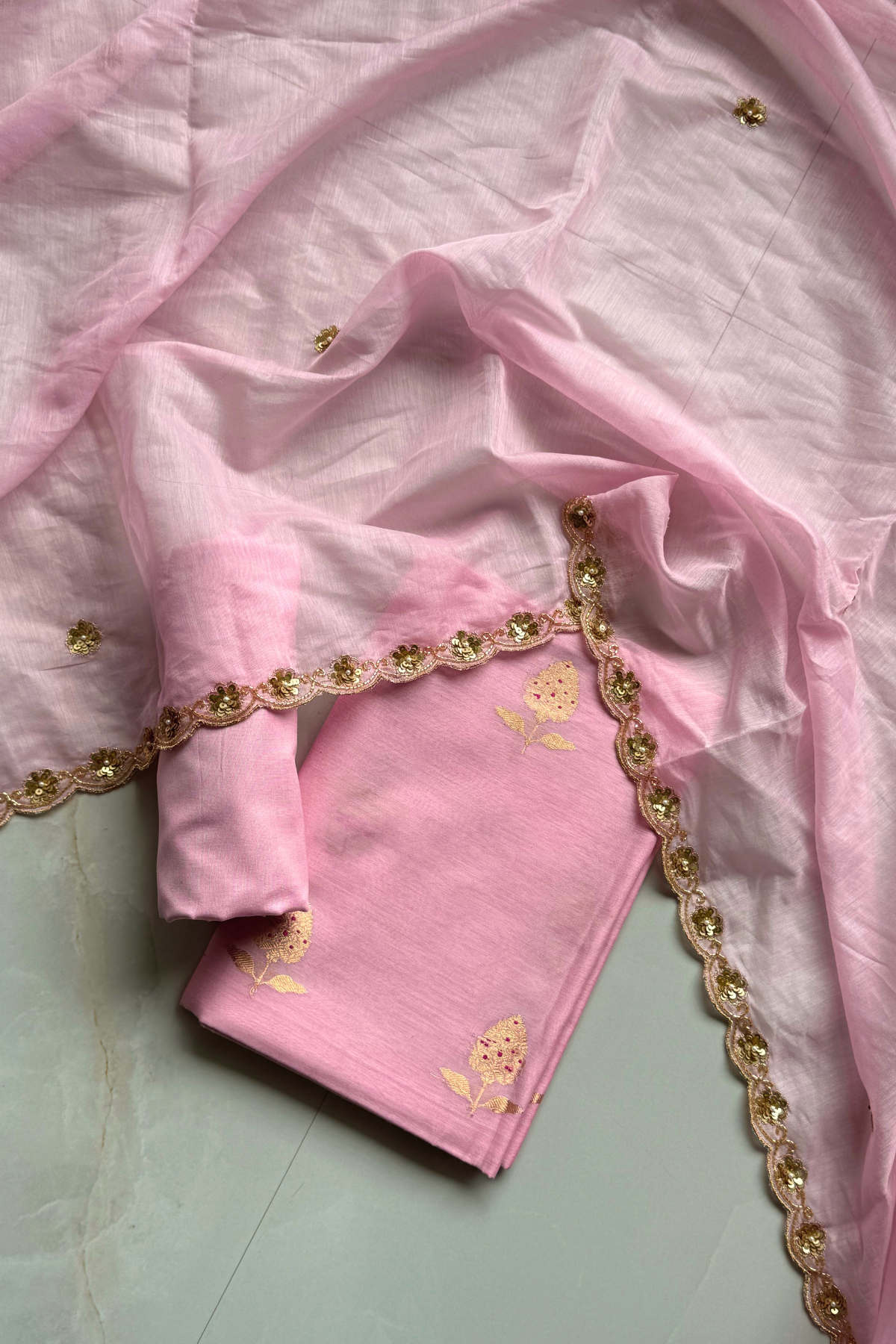 Pure Mul Chanderi Kadwa Weaving With Handwork  - Baby pink