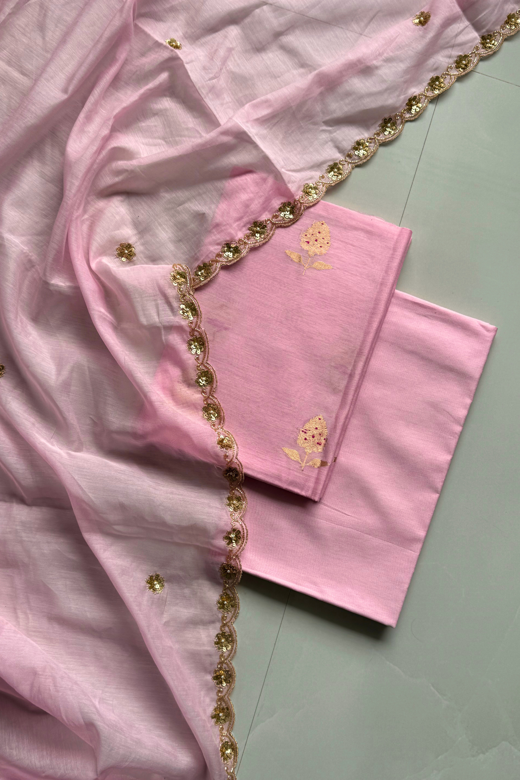 Pure Mul Chanderi Kadwa Weaving With Handwork  - Baby pink
