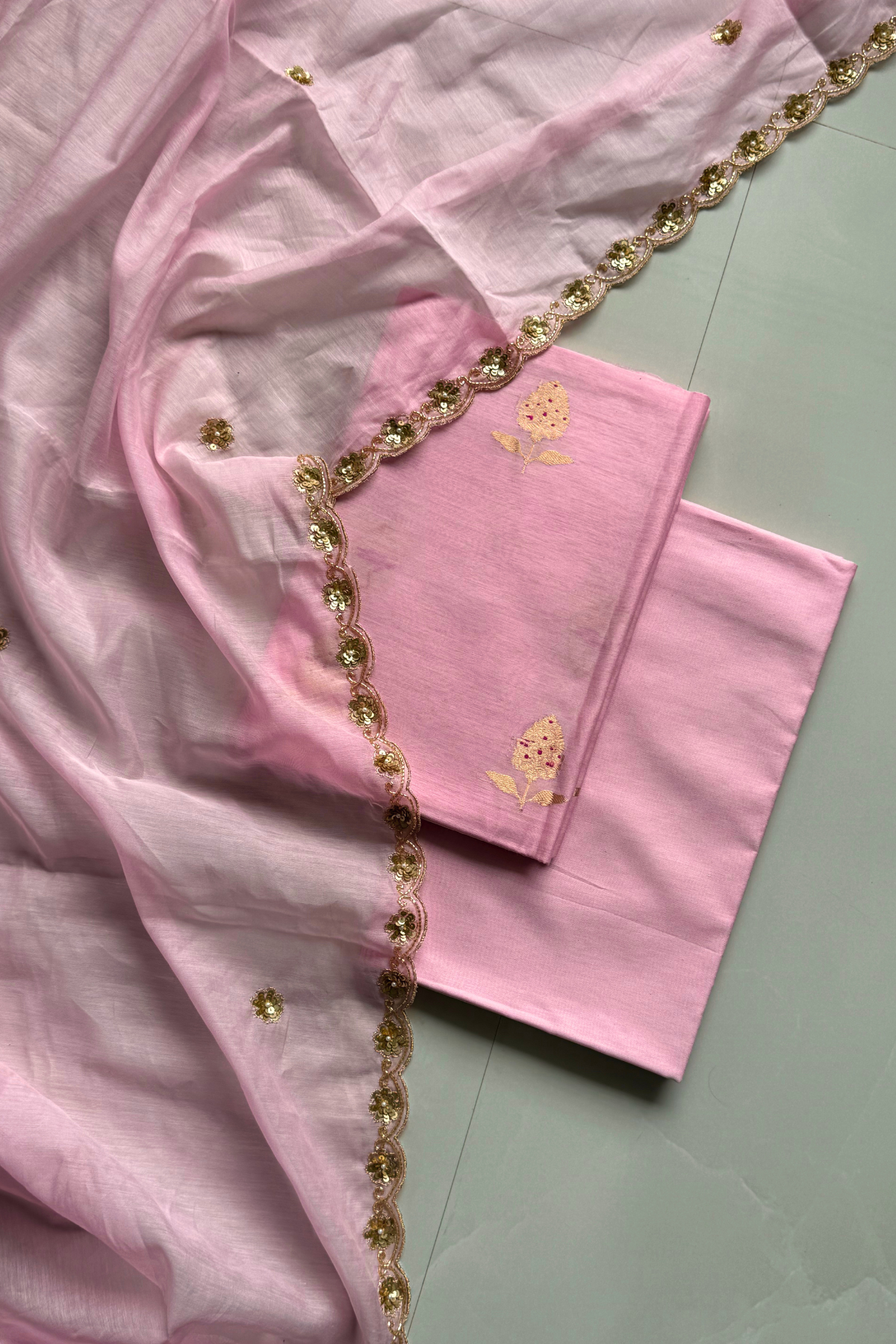 Pure Mul Chanderi Kadwa Weaving With Handwork  - Baby pink