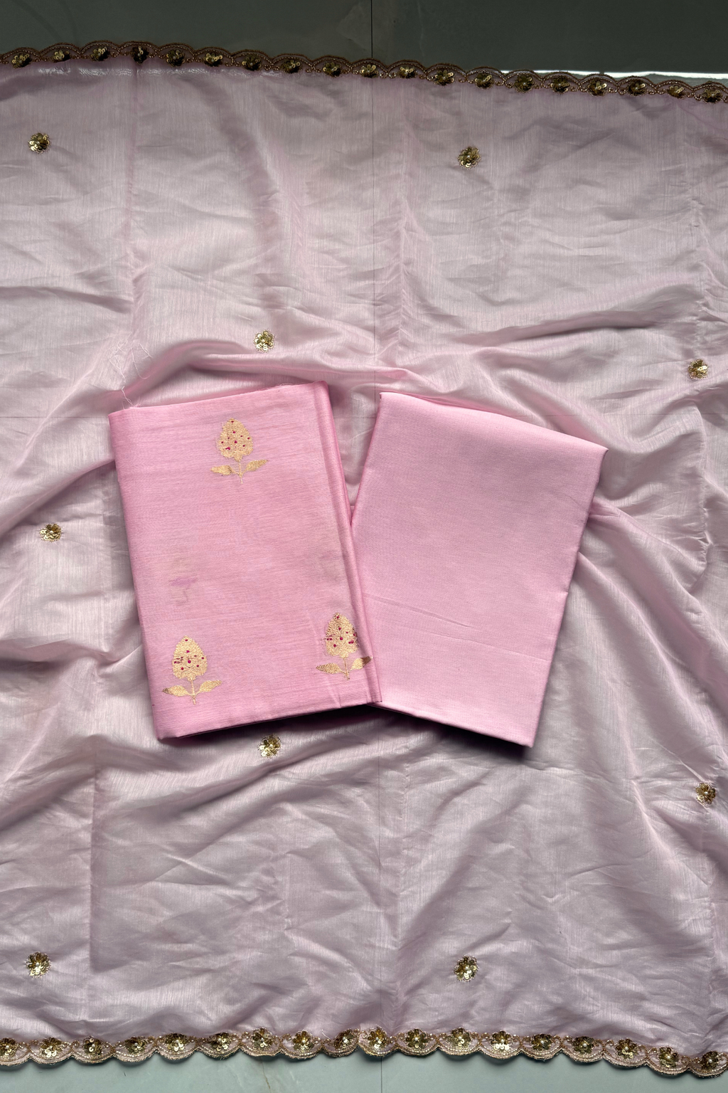 Pure Mul Chanderi Kadwa Weaving With Handwork  - Baby pink