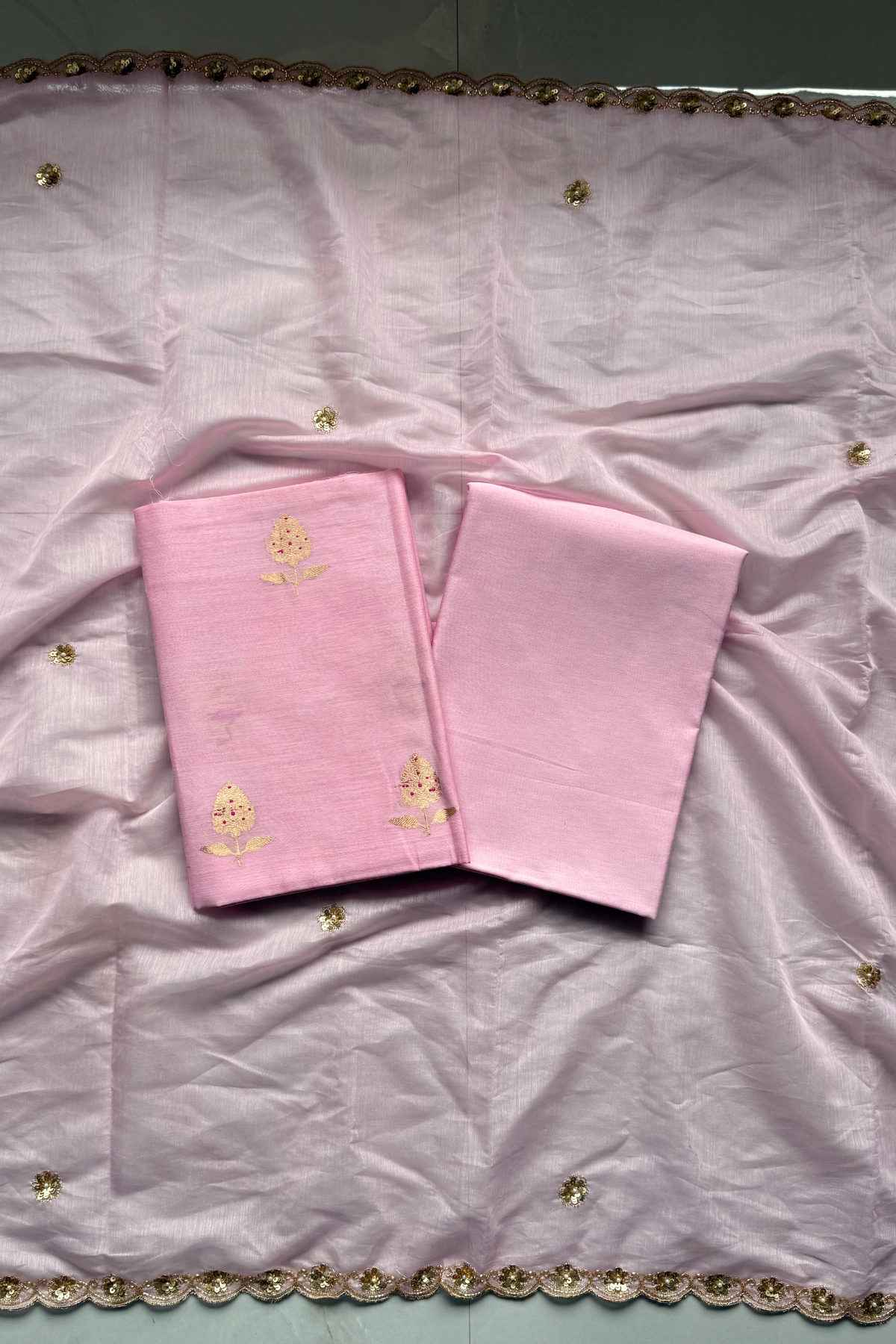 Pure Mul Chanderi Kadwa Weaving With Handwork  - Baby pink