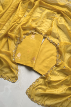 Pure Mul Chanderi Kadwa Weaving With Handwork  - Mustard Yellow