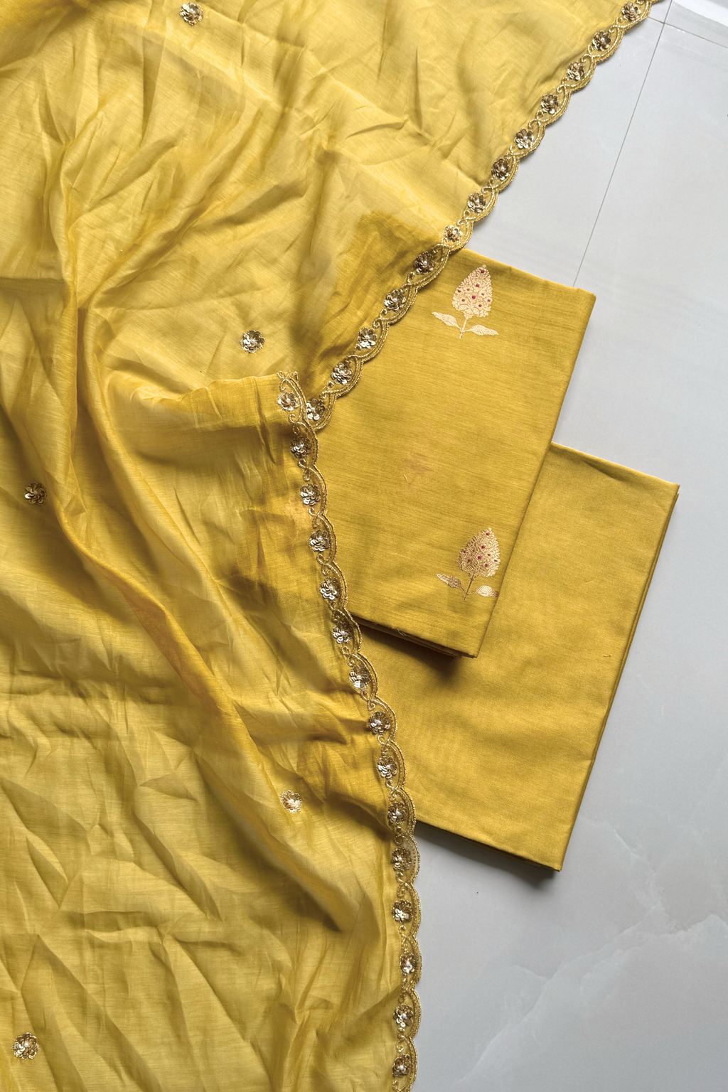 Pure Mul Chanderi Kadwa Weaving With Handwork  - Mustard Yellow