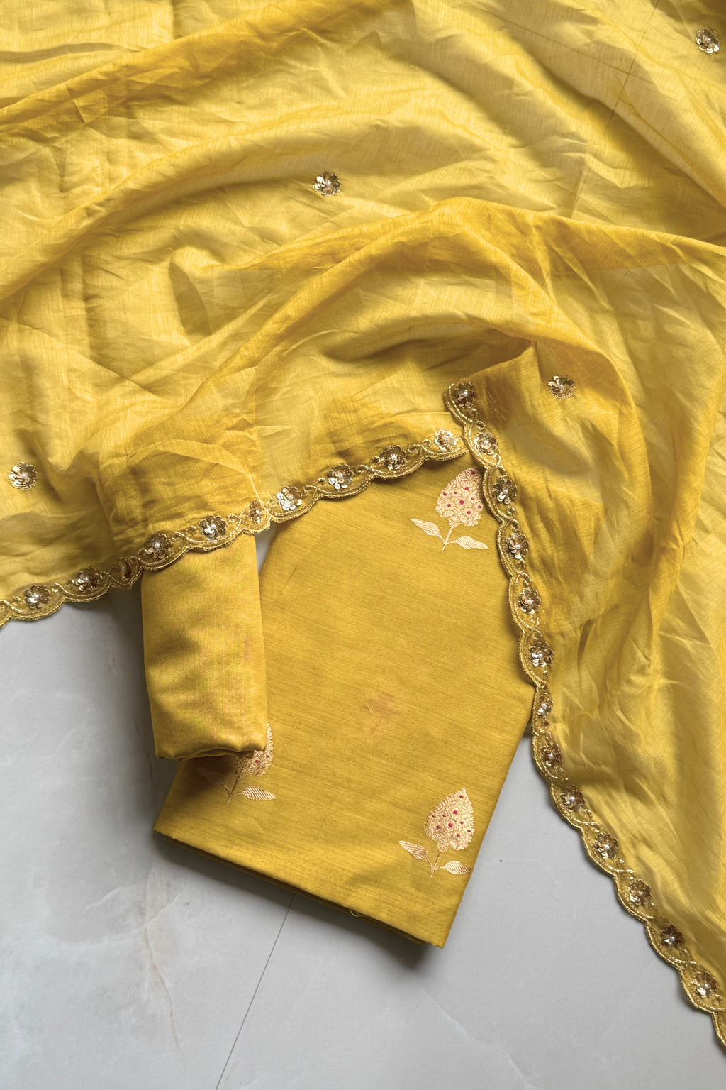 Pure Mul Chanderi Kadwa Weaving With Handwork  - Mustard Yellow