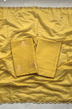 Pure Mul Chanderi Kadwa Weaving With Handwork  - Mustard Yellow