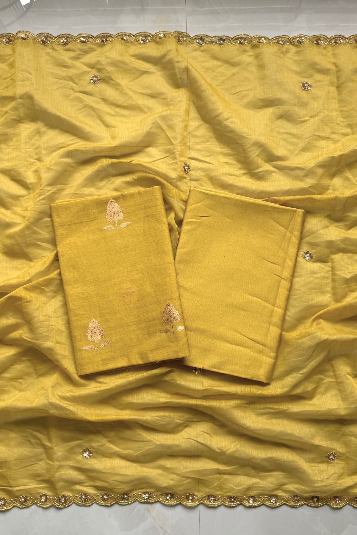 Pure Mul Chanderi Kadwa Weaving With Handwork  - Mustard Yellow