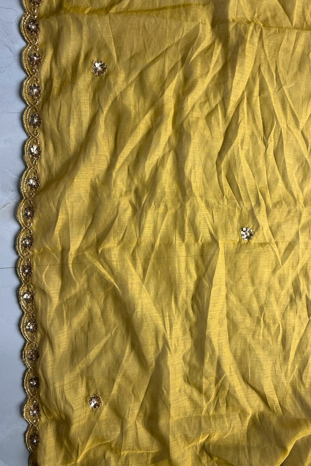 Pure Mul Chanderi Kadwa Weaving With Handwork  - Mustard Yellow