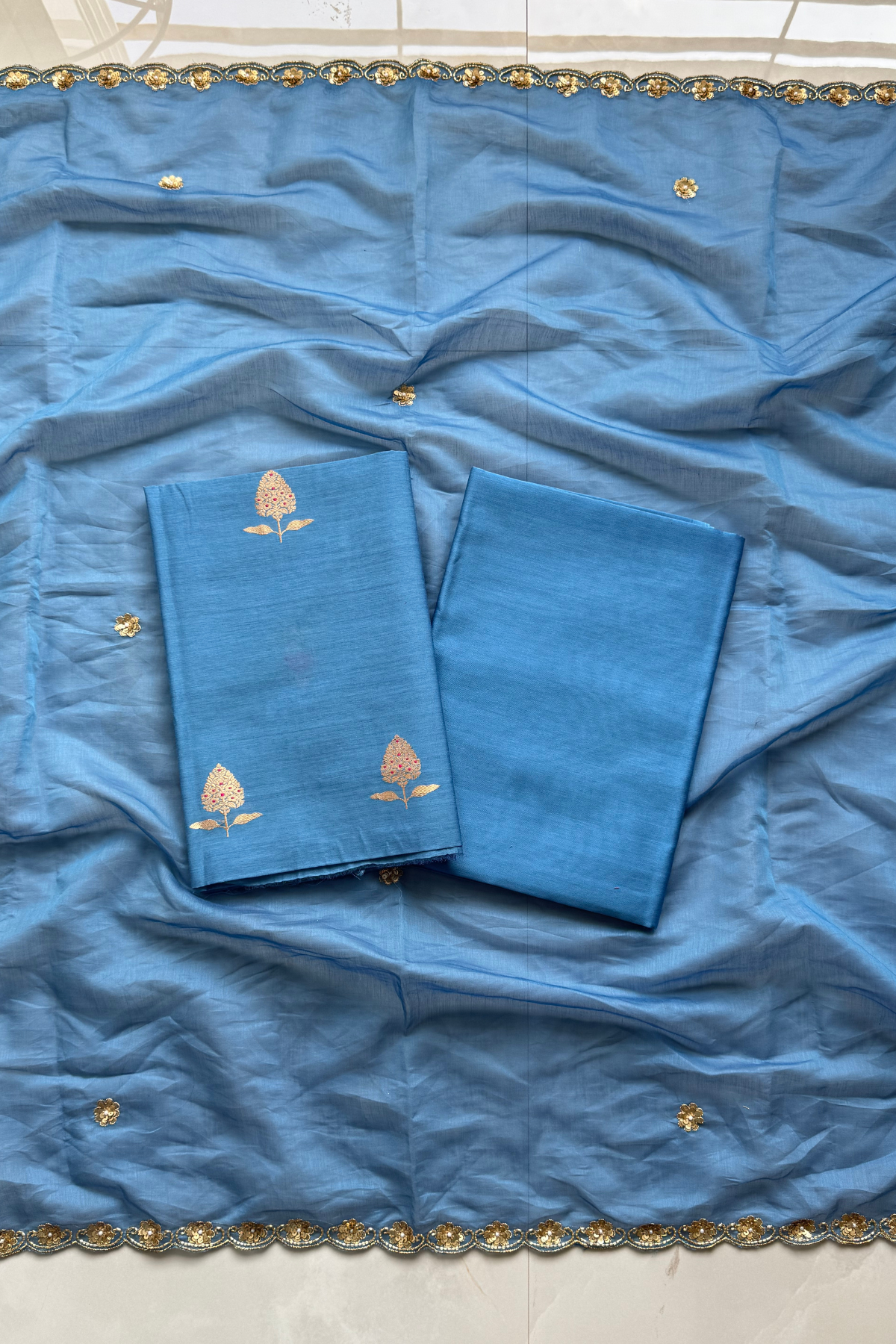 Pure Mul Chanderi Kadwa Weaving With Handwork  - Pastel Blue