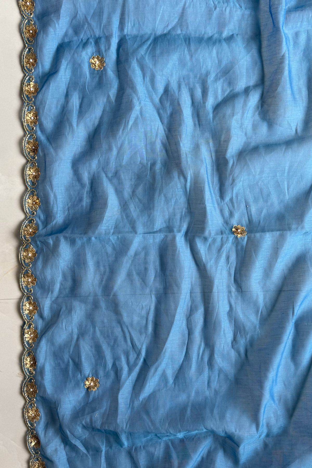 Pure Mul Chanderi Kadwa Weaving With Handwork  - Pastel Blue