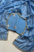 Pure Mul Chanderi Kadwa Weaving With Handwork  - Pastel Blue