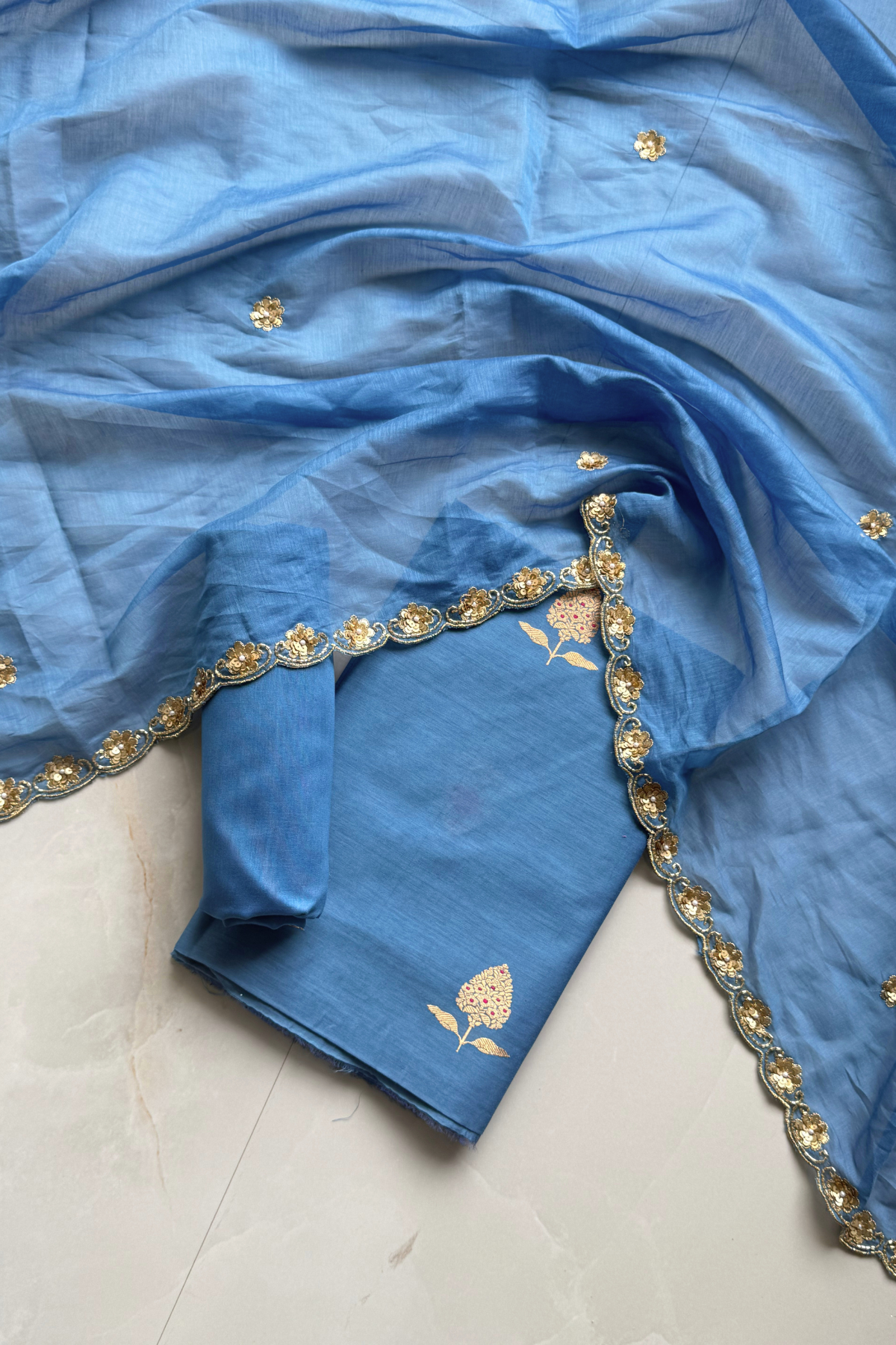 Pure Mul Chanderi Kadwa Weaving With Handwork  - Pastel Blue