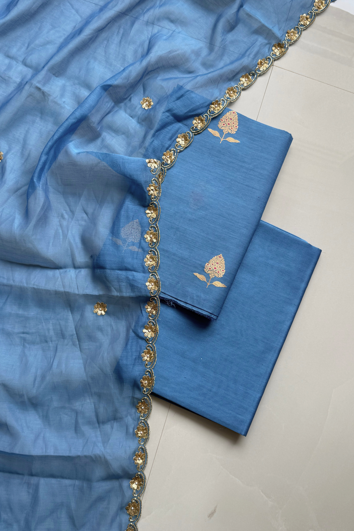 Pure Mul Chanderi Kadwa Weaving With Handwork  - Pastel Blue