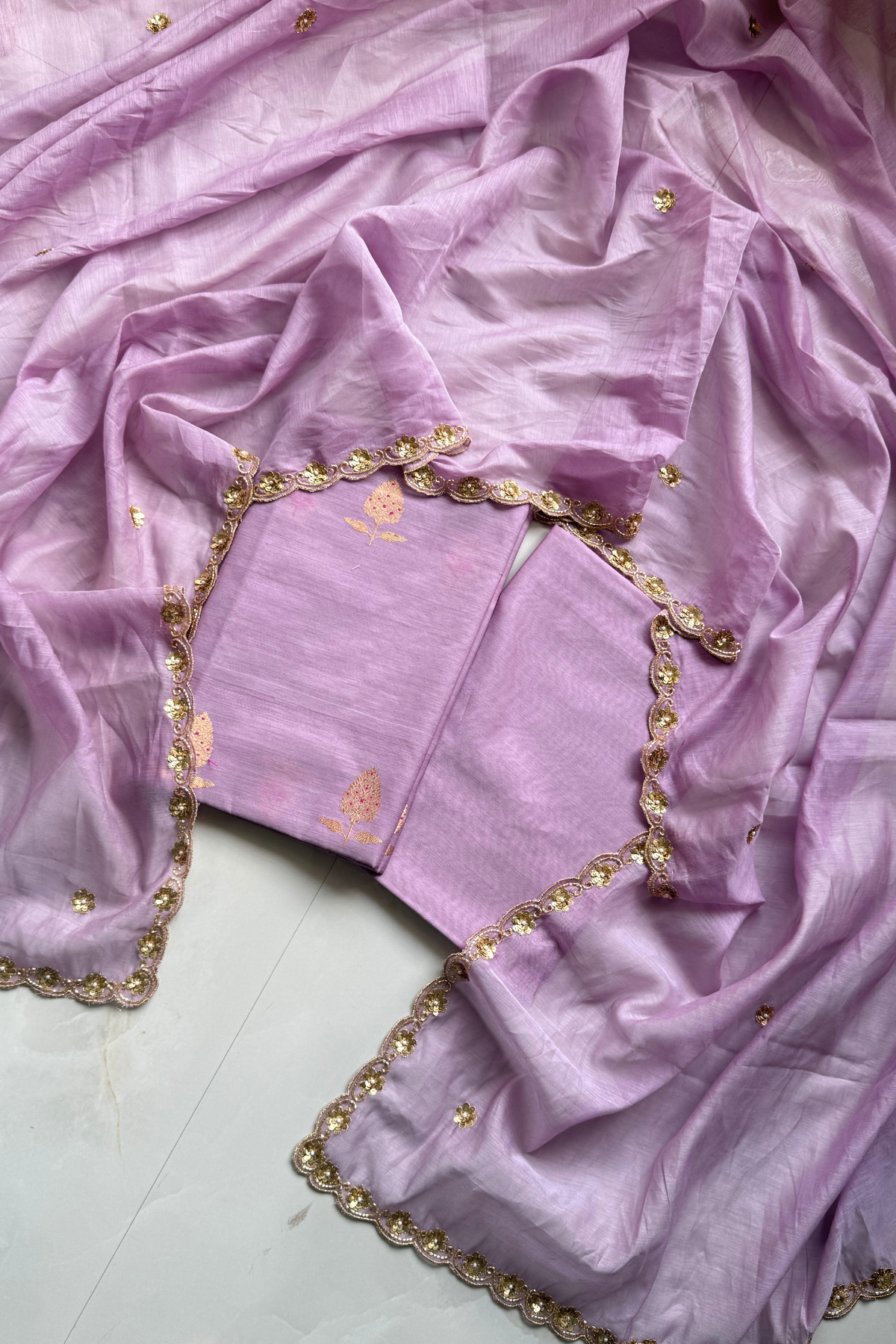 Pure Mul Chanderi Kadwa Weaving With Handwork  - Pastel purple